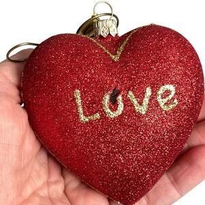 Landmark Creations Red Heart Ornament Handblown Glass Glitter Gold Love FLAWED